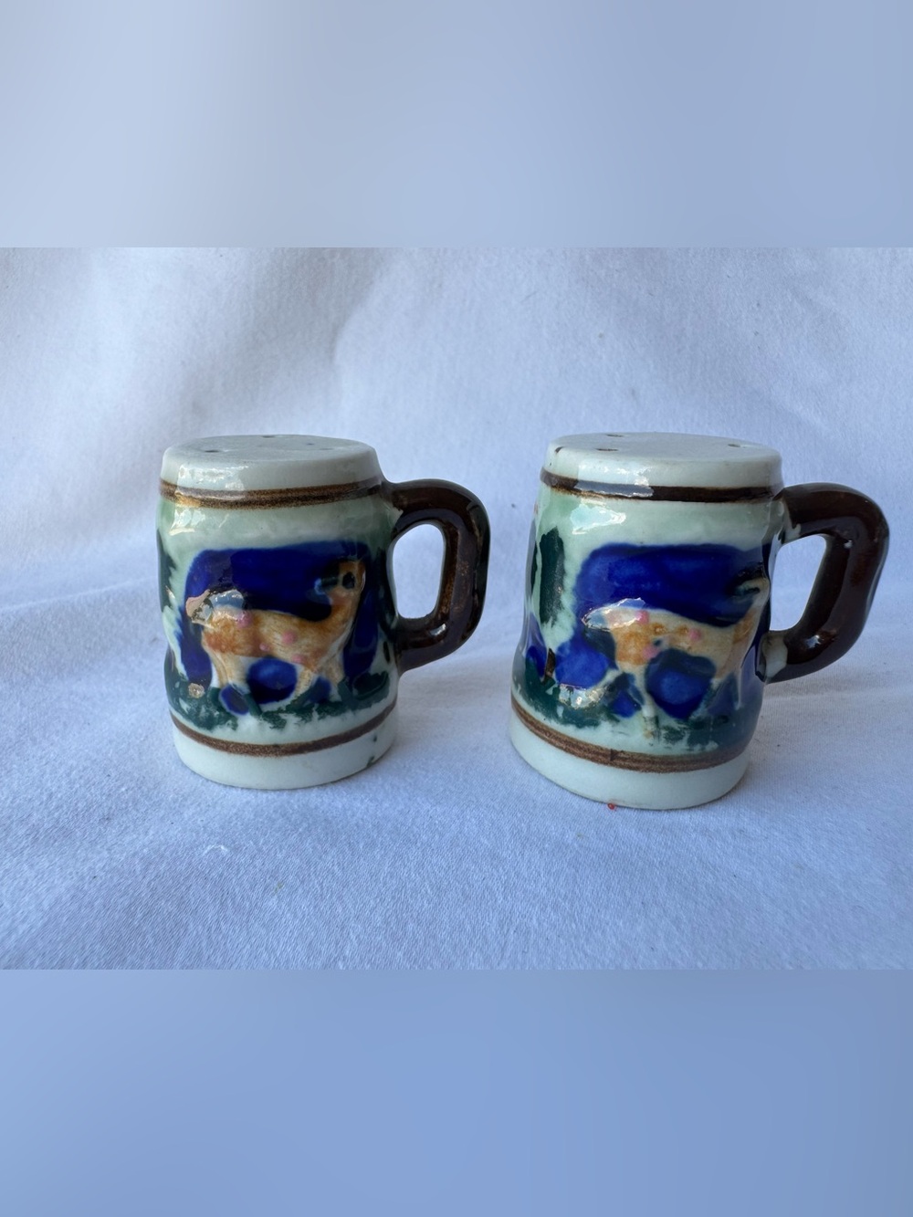 Vintage Ceramic Mug Salt & Pepper Shakers Set of 2 Decorative Blue White Brown